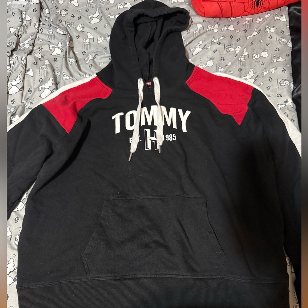 Tommy Hilfiger Black Hoodie with Red Trim and White Drawcords